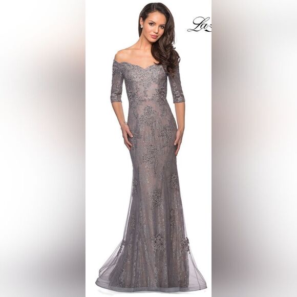 La Femme 24866 Off The Shoulder Embroidered Dress NWT size 12 Silver/Pink - Picture 1 of 6